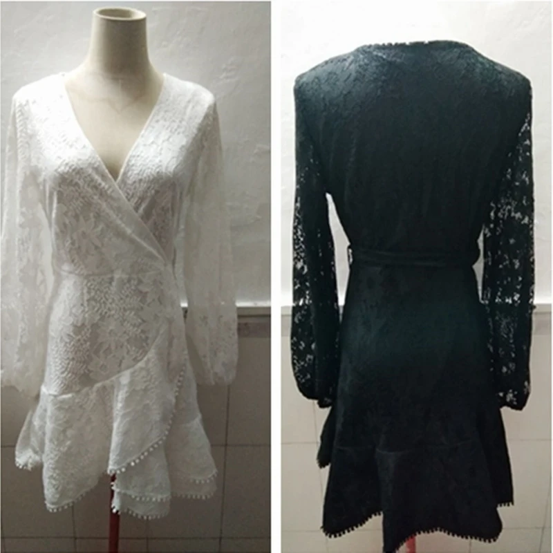 

Lugentolo Lace Dress Women Summer Fashion Lantern Sleeve V-neck Sashes Sexy A-LINE Mini Dresses for Women