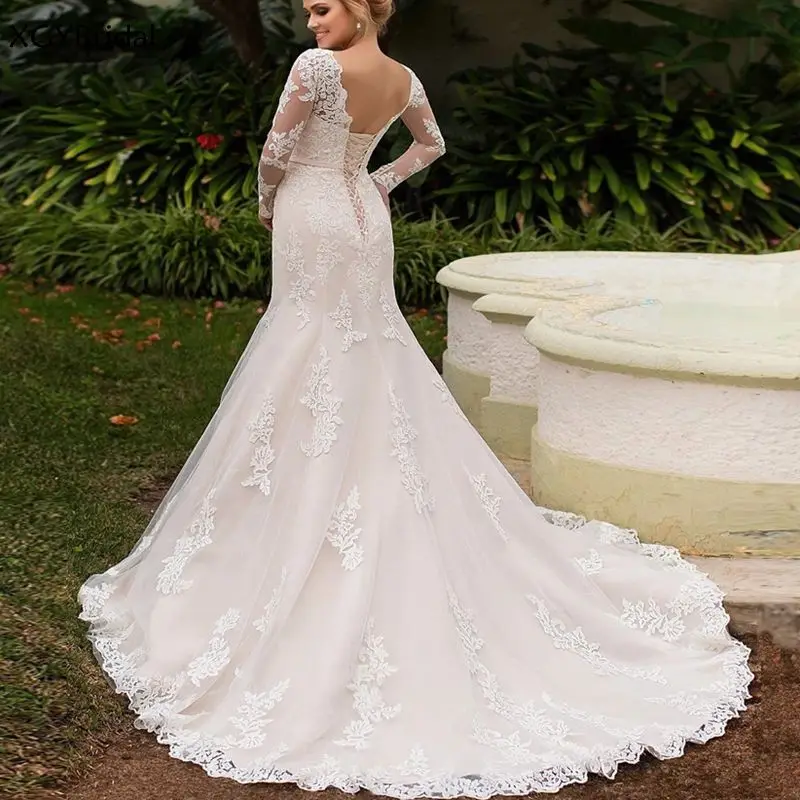 

New Arrival Elegant Bride Wedding Dress Long Sleeves Lace Up Scoop Neck Mermaid Bridal Gowns Vestidos De Novia