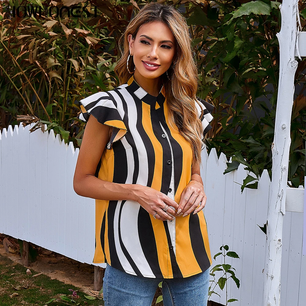 

Women's Shirts Korean Fashion New Striped Print Blouses Ruffles Sleeveless Tops Office Ladies Blouse Tees Shirts Chic Outfit