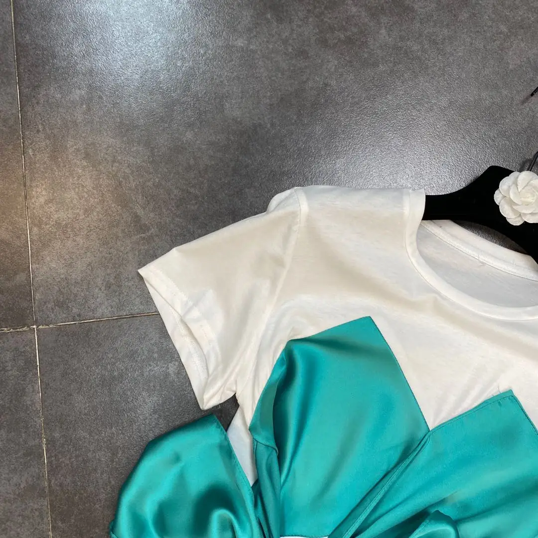 

ZCSMLL Round Neck Short Sleeve Tee Casual Women Top Satin Big Bow Fake Two-piece Design Fashion T-shirt 2021 Spring Summer
