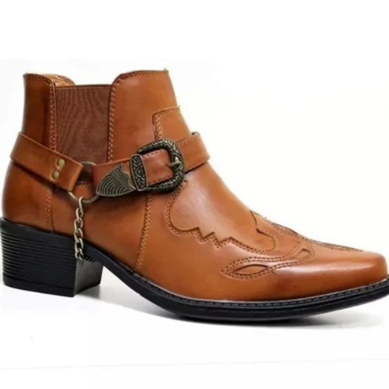 

Осенние популярные мужские ботильоны, ботинки челси на толстом каблуке, с острым металлическим украшением, ботинки, ковбойская обувь KR262