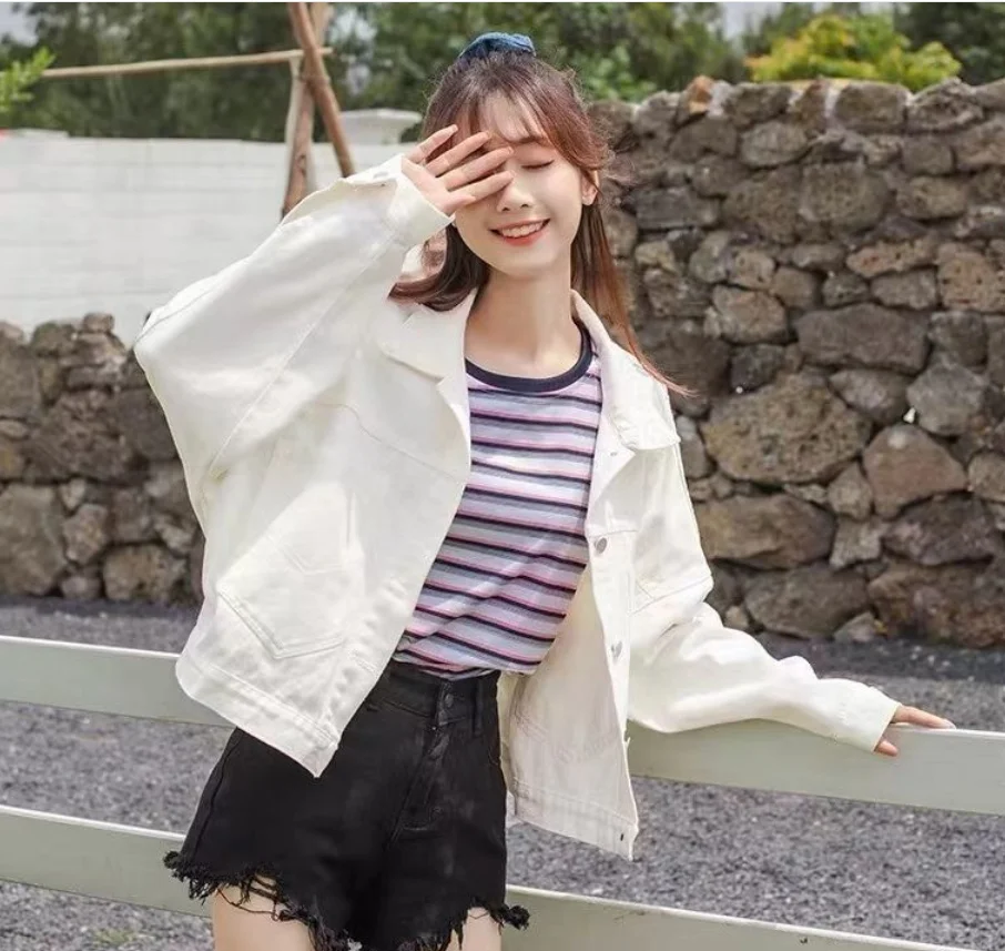 

2021 spring autumn basic jacket new candy color jacket loose purple denim jacket female short thin bf top