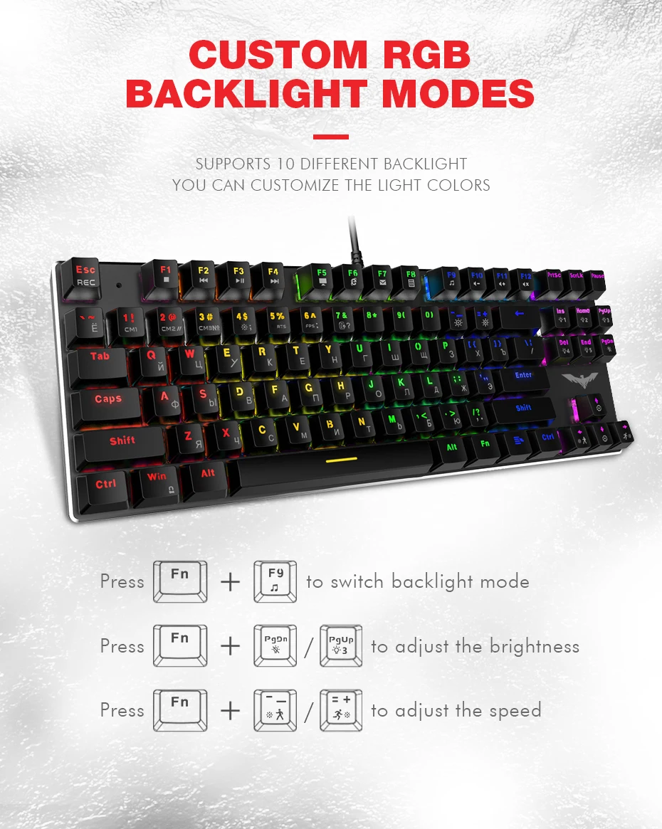 HAVIT Gaming Mechanical Keyboard 87/104 keys USB Wired keyboard Blue/Red Switch Backlit Keyboard US/Russian Version