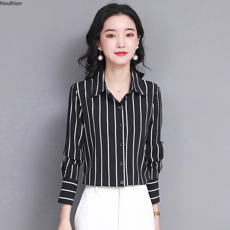 

Новинка от Houthion, блузка с длинными рукавами, рубашка-поло с воротником, повседневные Модные топы в полоску, летние модели, Прямая поставка