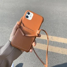 Original Real Leather Case For iPhone 13 12 11 Pro Max XS Card Pocket Cover For iPhone XS MAX XR X 7 8 Plus Case Neck Rope Funda