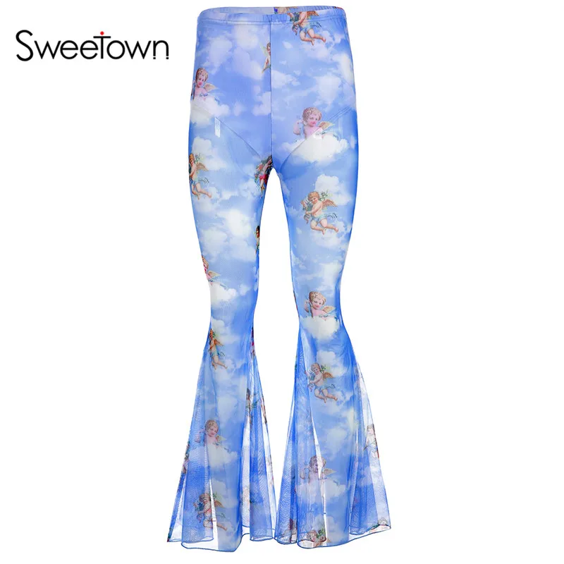 as picture Sweetown Angel Print Kawaii сетчатые прозрачные сексуальные Boho штаны с высокой талией женские двухслойные высокие расклешенные брюки летние - Цвет: as picture