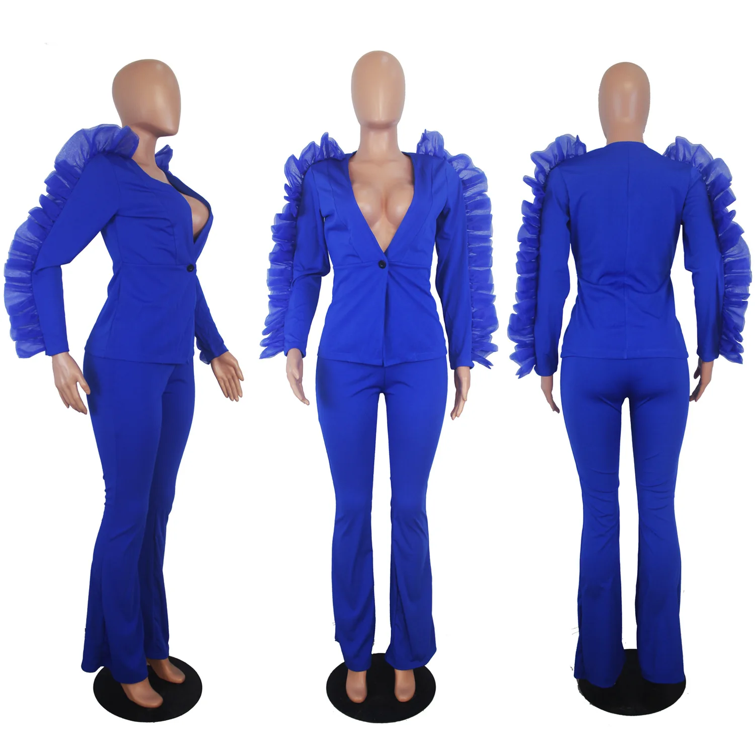 

Echoine Autumn Blazer Suit Office Ladies OL Sheer Mesh Ruffle Blazer Two Piece Set