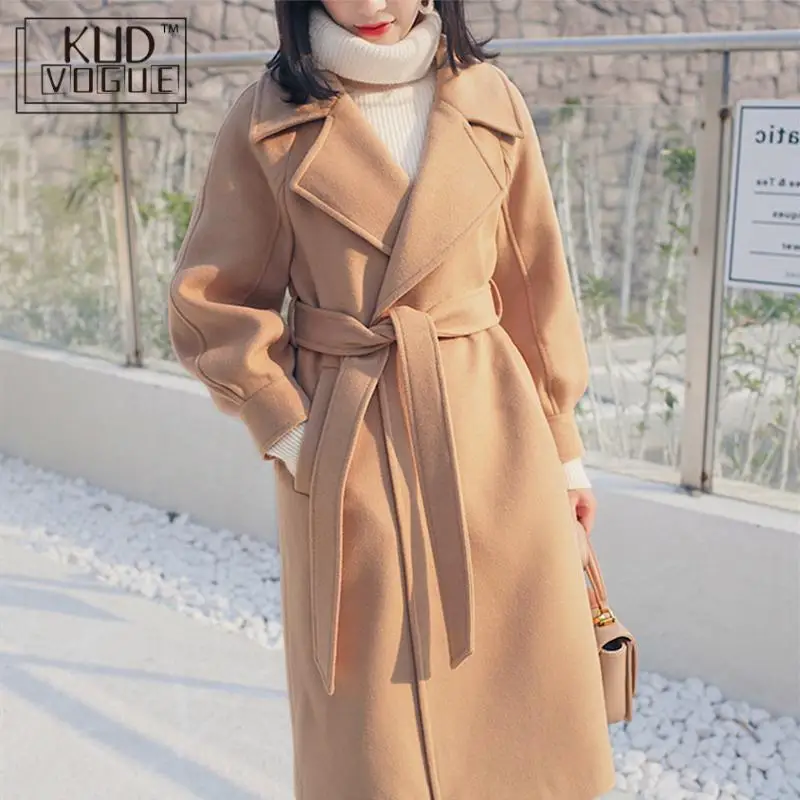 Женское длинное пальто теплое с отложным воротником и регулируемым поясом для
