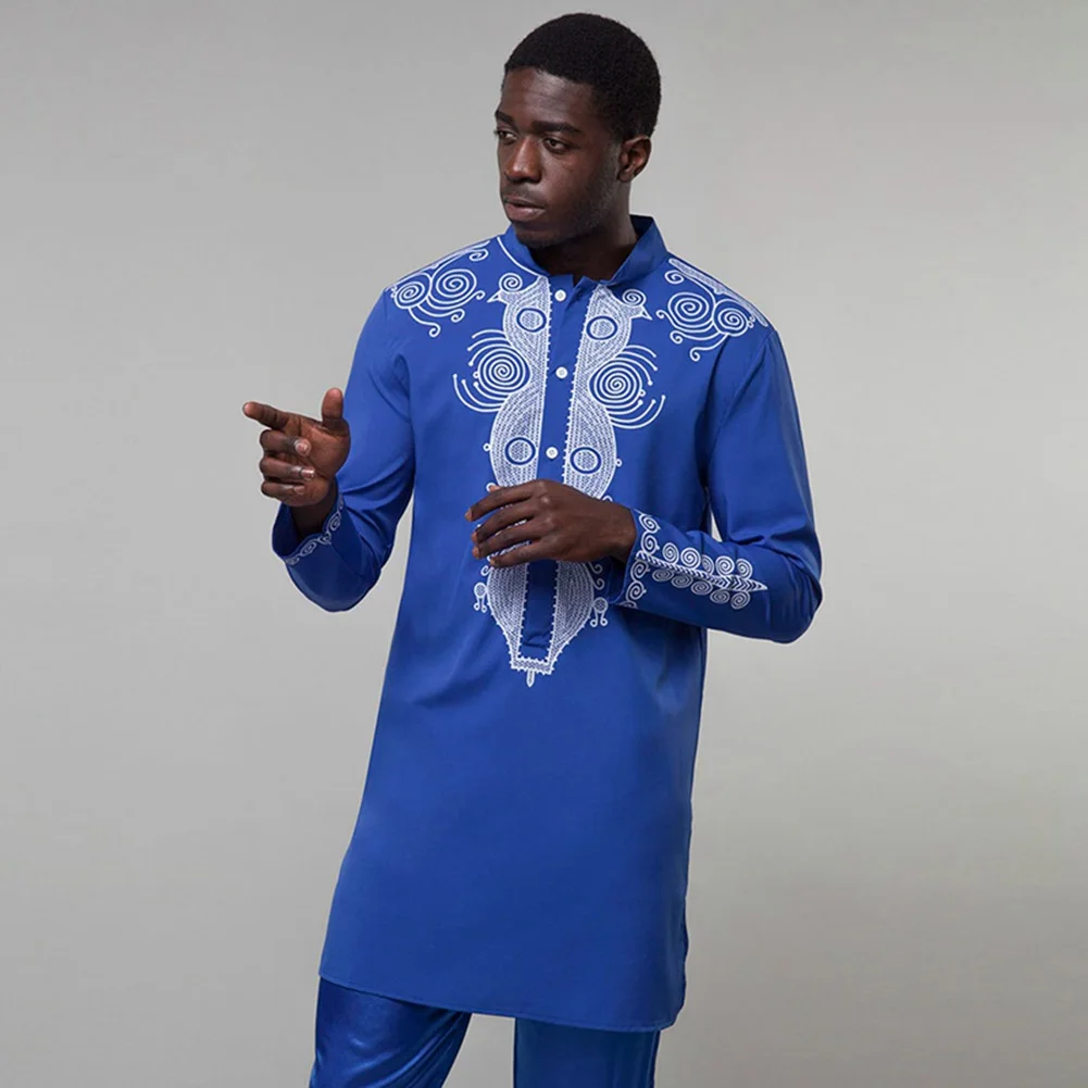 Opslea Dashiki африканская Мужская рубашка с длинным рукавом и стоячим воротником Bazin Riche с национальным этническим принтом Одежда Повседневная приталенная рубашка