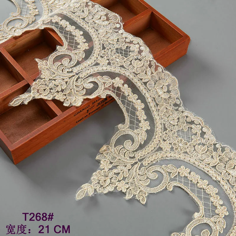 

15 yards Wedding Dress Embroidered Mesh Lace Big Wave champagne Gold cording lace Embroidery Lace