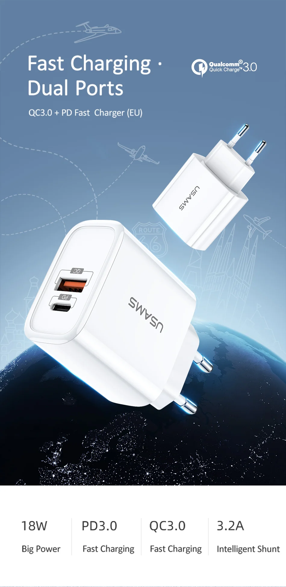 QC3.0 PD3.0 быстрое зарядное устройство USAMS USB зарядное устройство для iPhone X ЕС США штекер мобильного телефона быстрое зарядное устройство для samsung один USB настенный заряд