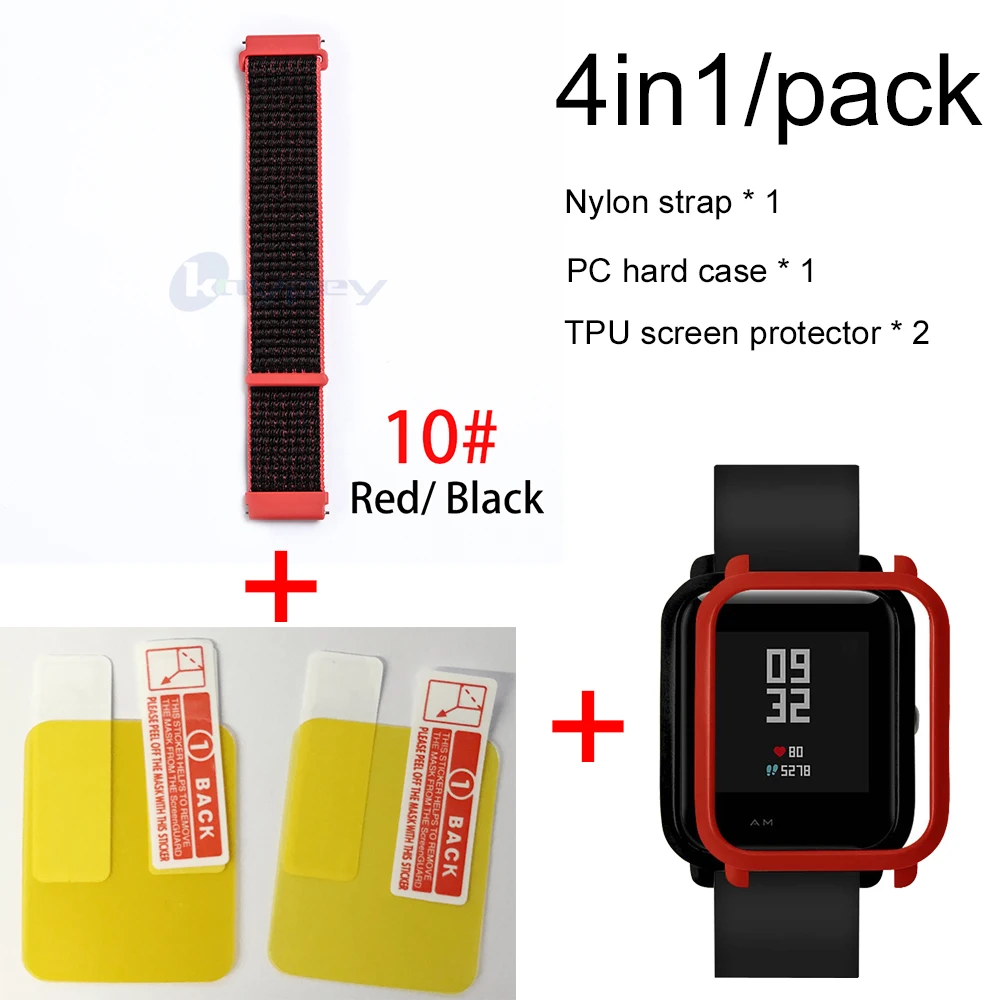 10-Red case 4в1 для Xiaomi Huami Amazfit ремешок bip браслет нейлоновая петля Smartwatch Браслет amazfit bip чехол с защитой экрана - Цвет: 10-Red case