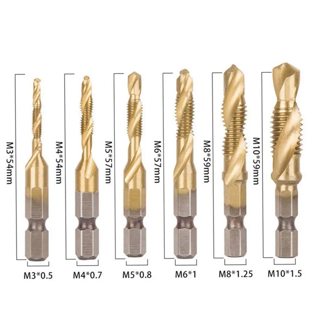 

6Pcs Hex Shank Titanium Plated HSS Screw Thread Metric Tap Drill Bits Screw Machine Compound tap M3 M4 M5 M6 M8 M10 Hand Tools