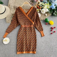 v neck knitted dress for women 2021 autumn and winter new temperament long sleeve slim fit mid length sweater sheath skirt