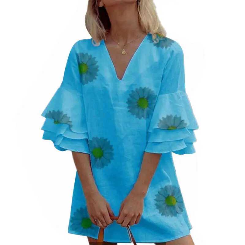 

Elegant Womens Dresses Party Summer 2021 Ruffle Short Sleeve Ladies Dress Casual Loose Mini Dresses Vestido Feminino