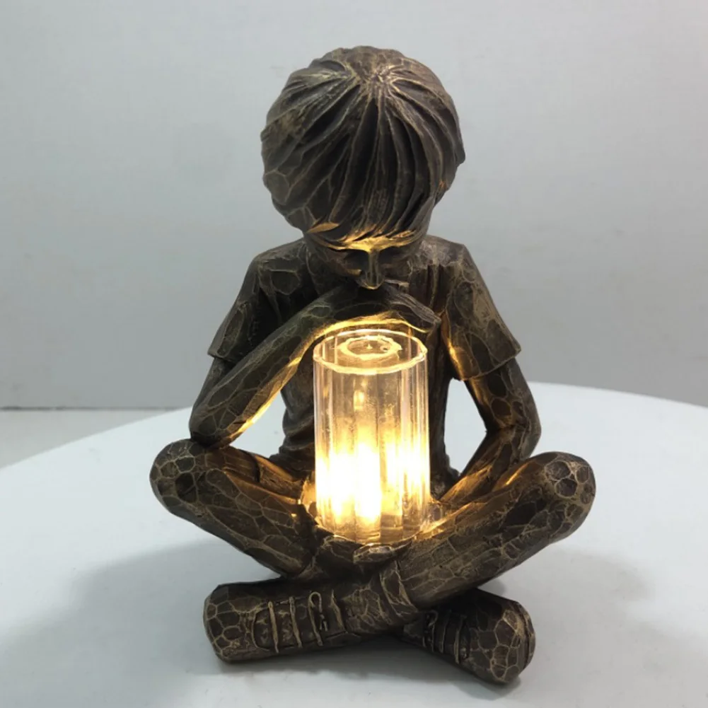 

LED Light Children Sculpture Gardening Outdoor Resin Prodigy Decorative Figurine Sculpture Garden Lawn Decor Ornament