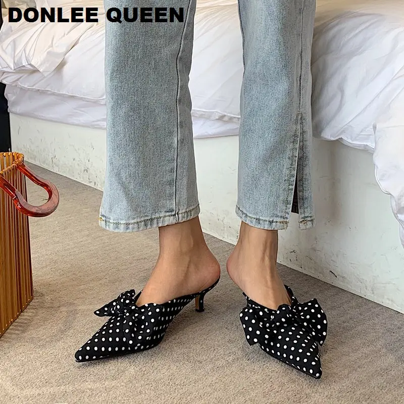 Женская обувь с острым носком Тапочки низкий каблук брендовые шлепанцы без