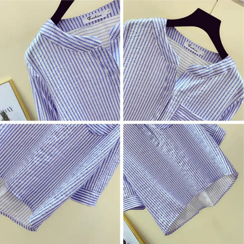 

Striped shirt Women Fashion Blouse Loose V-Neck Three Quarter Sleeve Casual Blouse Ladies Asymmetric Chiffon Shirts Tops