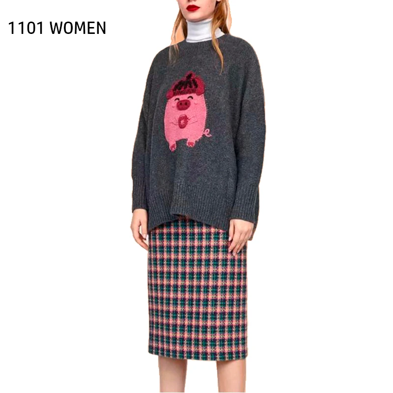ZA NEW Spring women's black Pig pattern embroidered O-Neck long sleeve preppy style Sweater Sweet female tops | Женская одежда