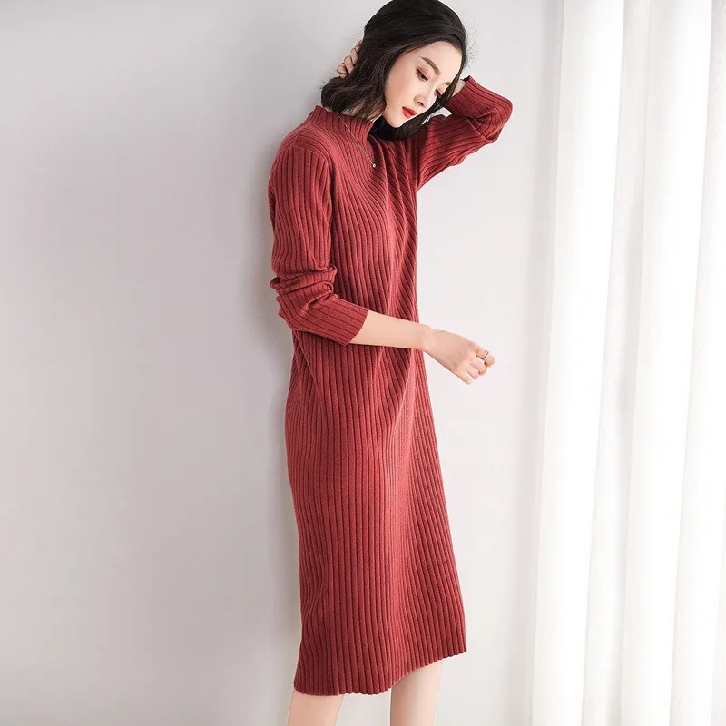 

Autumn And Winter New Fashion Knitted Dress Mid Length Over The Knee Sweater Skirt Female Half High Collar Thick Inner Take C485