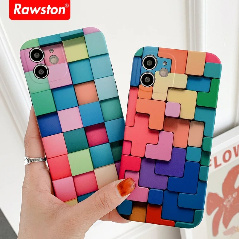 

Cute TETRIS Square for Apple IPhone 12 11 Pro Max XR XS 7 8 Plus Phone Case Shockproof Colorful Gradient IMD Silicone Cover