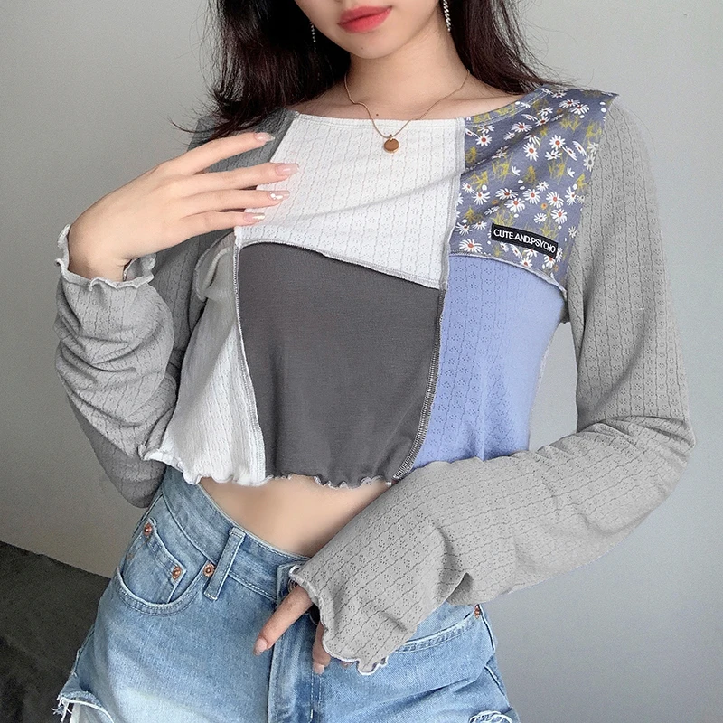 

2022 Sexy Y2K Vintage Patchwork Split Crop Top Tees Women Gothic Long Sleeve Embroidery Casual Aesthetic Girls T-shirts Autumn