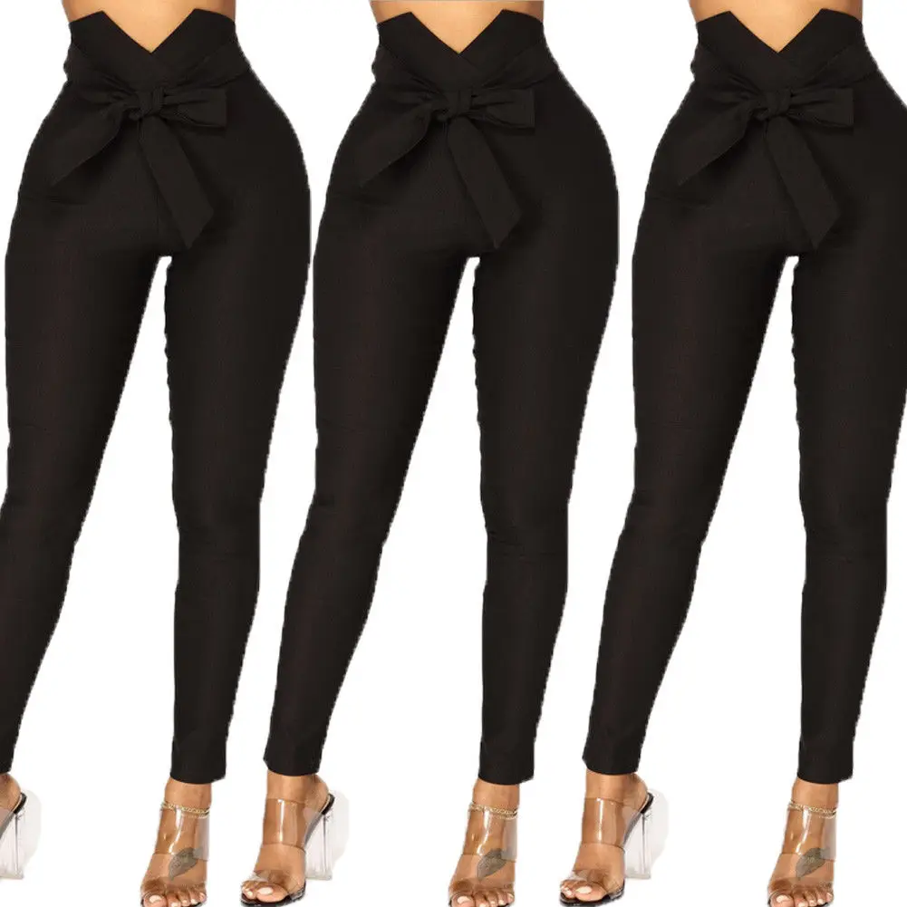 

Fashion 2020 Women High Waist Casual Pants Clothes Bowknot Long Slim Skinny Pant Bandage Elastic Pencil Trousers With Sashes