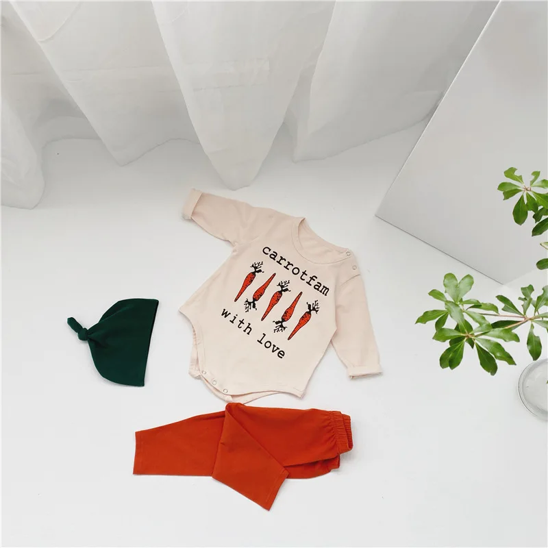

3pcs/set Cute New-born Girls Pijama Autumn Carrot Pattern Long Sleeve Romper+Pant+Hat Baby Boys Homewear Sleeping Suit Toddler