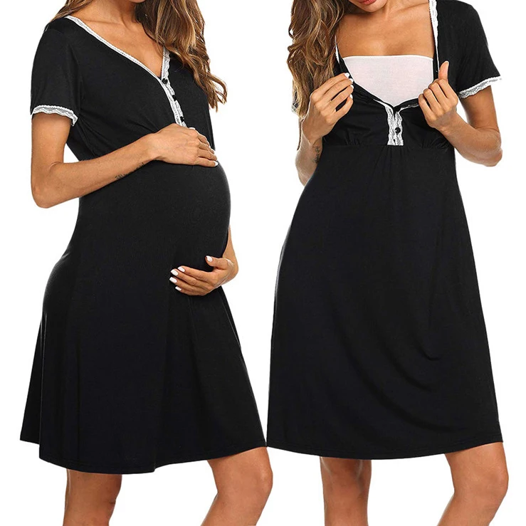 

Maternity Dress Pregnant Women Short Sleeve Lace V-neck Pajamas Pregnancy Nursing Nightgowns Breastfeeding Nightdress Sleepwear