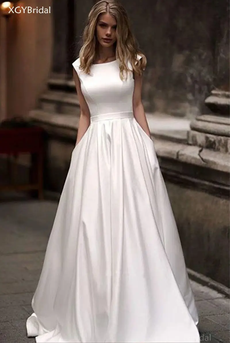 

New Arrival Wedding Dresses With Pocket Vestido de Novia Satin White Sleeveless Bridal Gowns Floor Length Wedding Gown