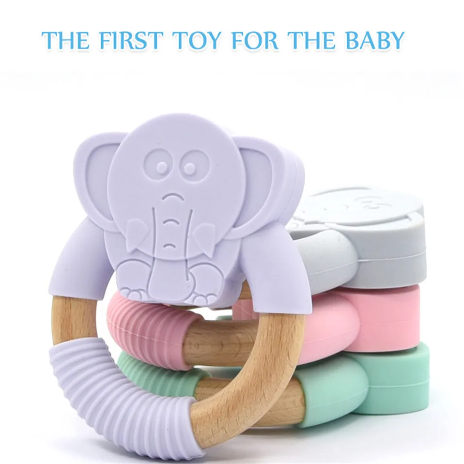

20pcs/lot Cute Silicone Teether Animal Teething Ring Wooden Chewable Rattle Tooth Nursing Newborn Shower Gift Baby Sensory Toys