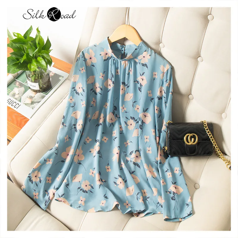 Silviye Blue Floral Silk Long-Sleeved Upper Garment Women's Loose All-match Printed Elegant Silk Small Shirt Autumn New Style