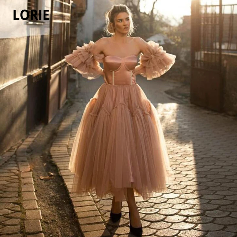 

LORIE Dusty Pink Prom Dress 2021 Sweetheart Ruffles Tea Length Celebrity Wedding Party Dress for Graduation vestidos de fiesta