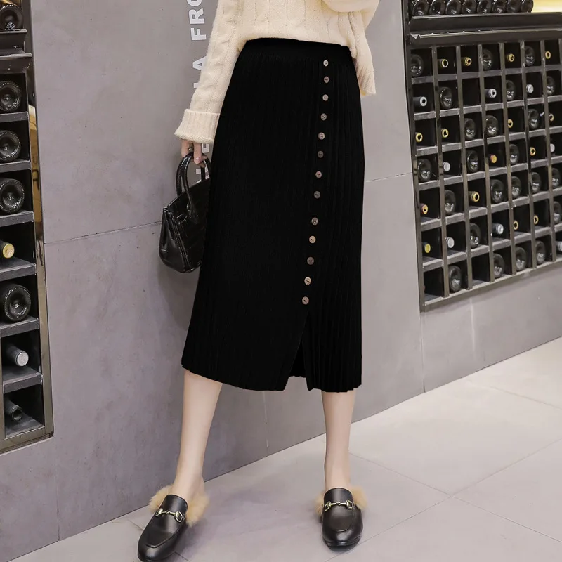 

2020 Autumn New Korean Women High-waist Knitted Stretch Skirt Split Simple Solid Wool Skirt Bag Hip Long Skirt Free Shipping