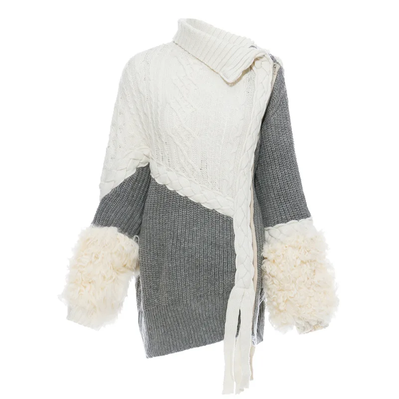 New Woven Linen Flower Color Slim Sweaters Irregular Furry Cuff Loose Zip Off-Shoulder Pullover Sweater Long Sleeve Minimalism