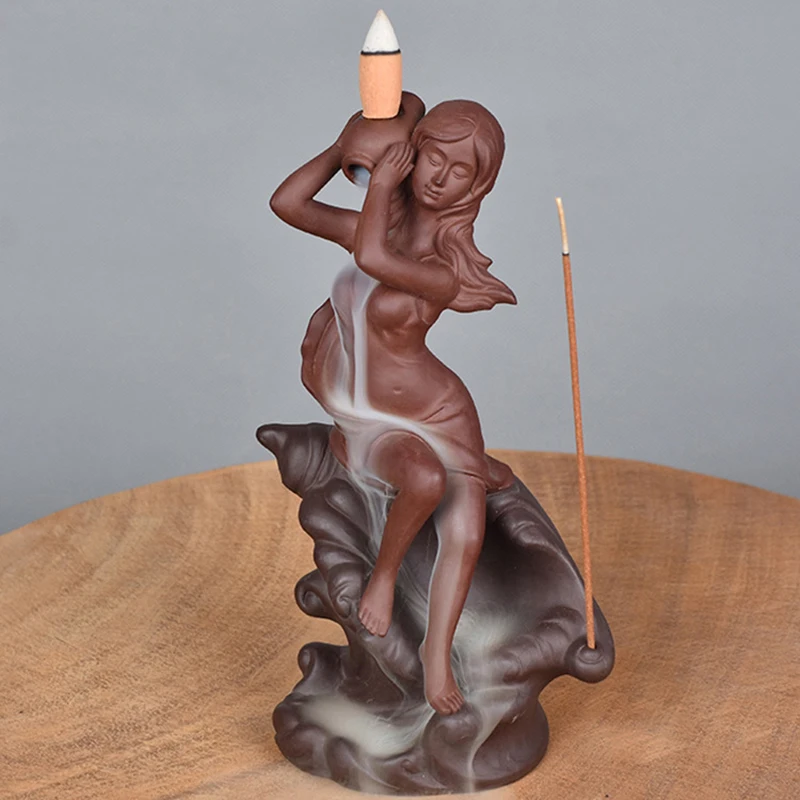 

Ceramic Purple Clay Incense Burner Indoor Furniture Ornaments Beauty Statue Backflow Incense Furnace Home Decor REME889