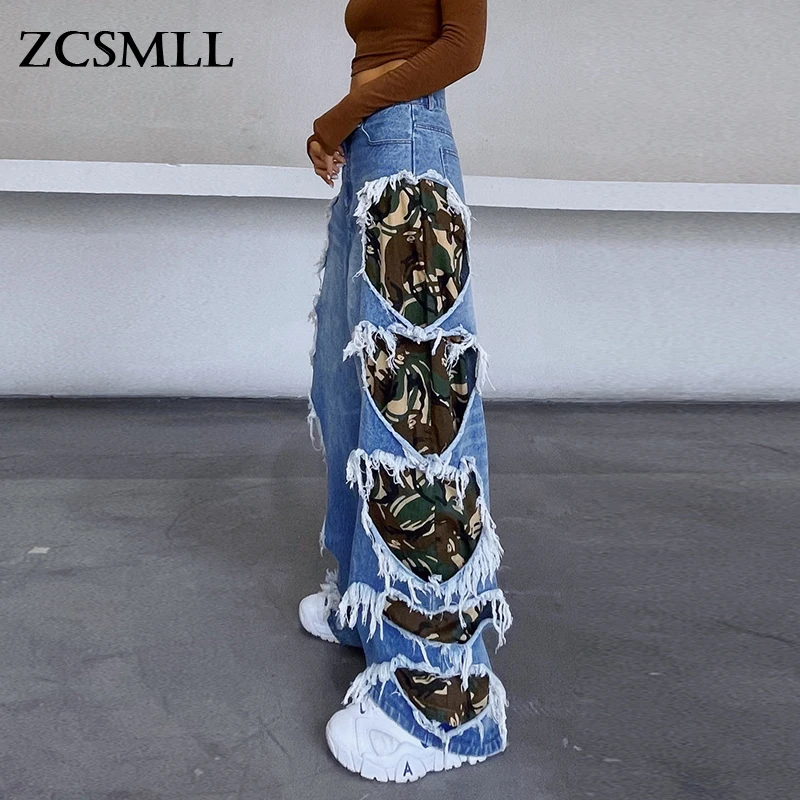 

ZCSMLL Irregular Streetwear Holes Patchwork Colorblock Jeans Female High Waist Wide Leg Pants For Women Autumn Style 2021 TH966