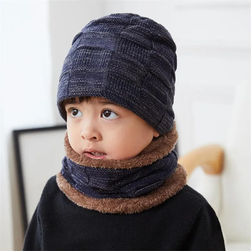 Детская зимняя вязаная шапка шарф комплект для мальчиков и девочек плюшевая