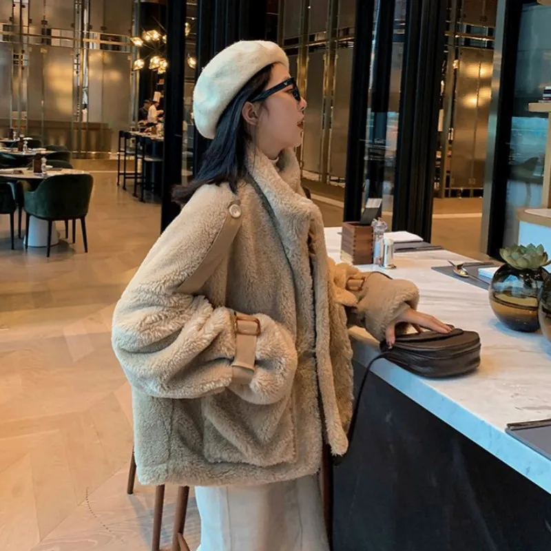 

Women Short Lambswool Coat Winter Thick Loose Sweet Biker Faux Fur Jacket Female Streetwear Stand Collar Warm Outerwear XS-L