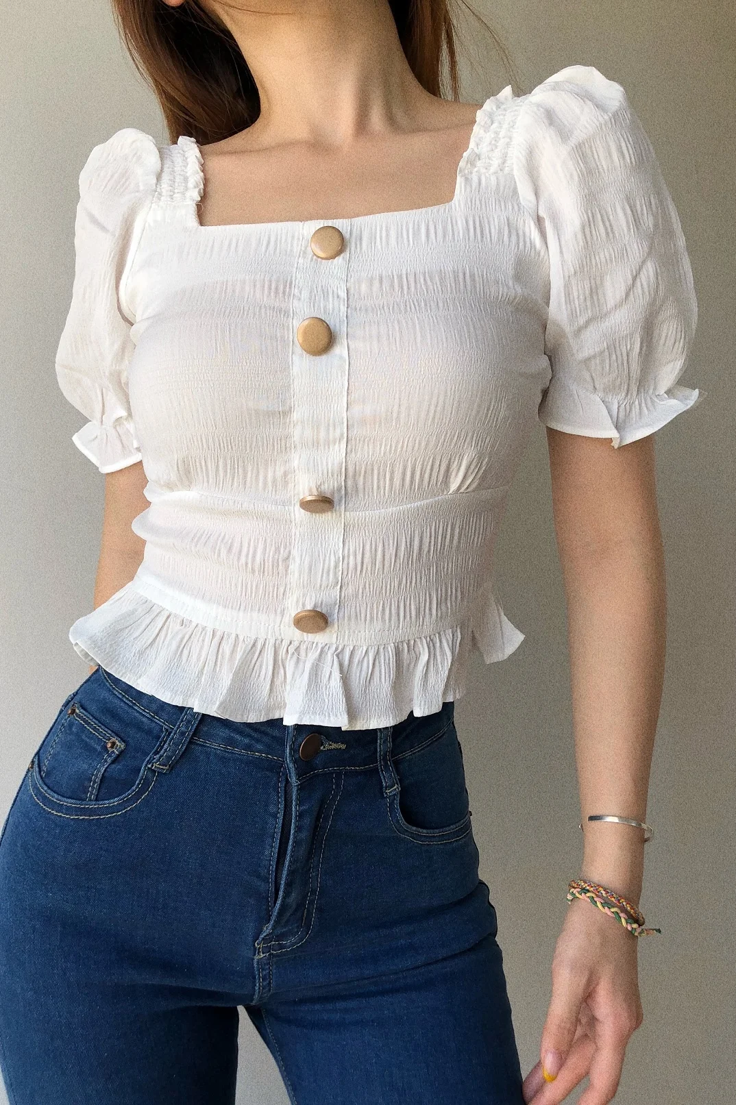 

TVVOVVIN Square Collar Top Summer Puff Sleeve Shirt Waist Navel Pleated Chiffon Blouse Tops Short Sleeve Summer Tops Korean 3ZA