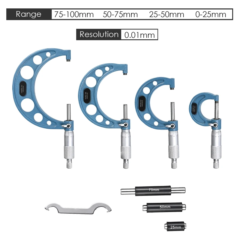 

4PCS Outside Micrometer Set 0-100mm Outside Micrometer 0.01mm Graduation Premium Precision Machinist Measureing Tools