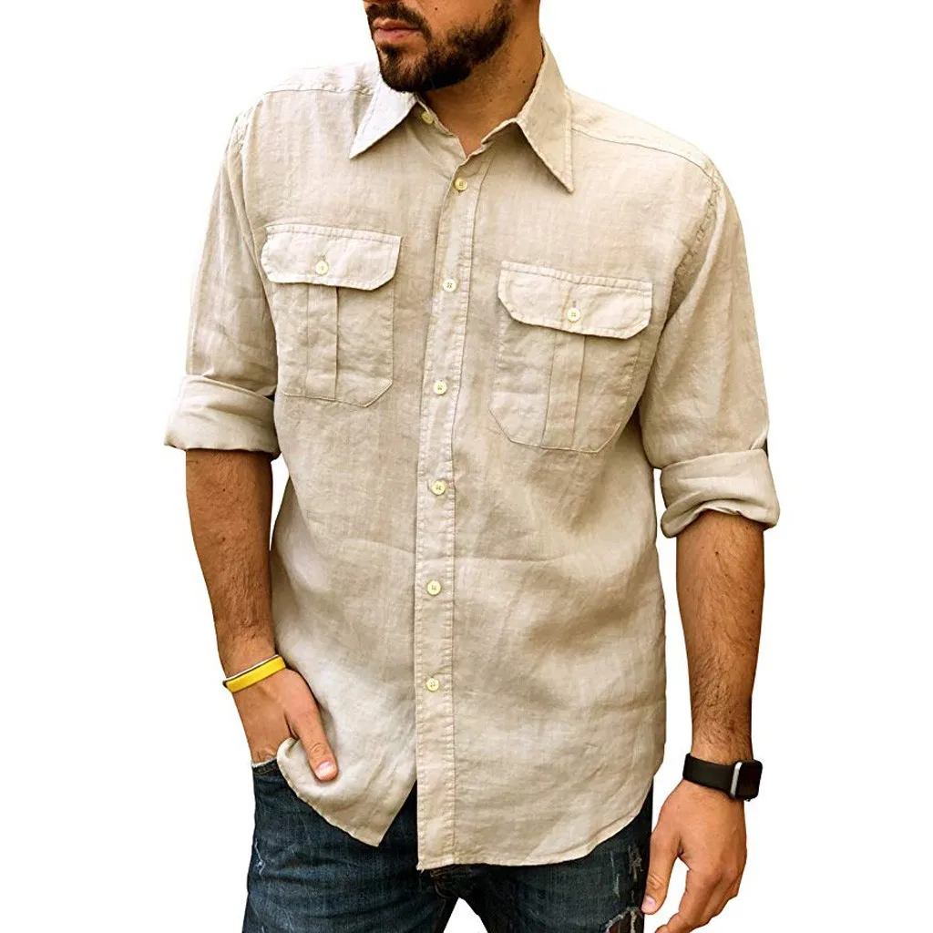 Men's Pure Cotton Solid Color Casual Hawaii Style Summer Ethnic Turn Down Collar Long Sleeves Shirt Clothing Streetwears#D | Мужская