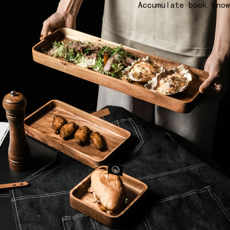 

New 1Pcs Acacia Wood Serving Tray Square Rectangle Breakfast Sushi Snack Bread Dessert Cake Plate With Easy Carry Grooved Handle