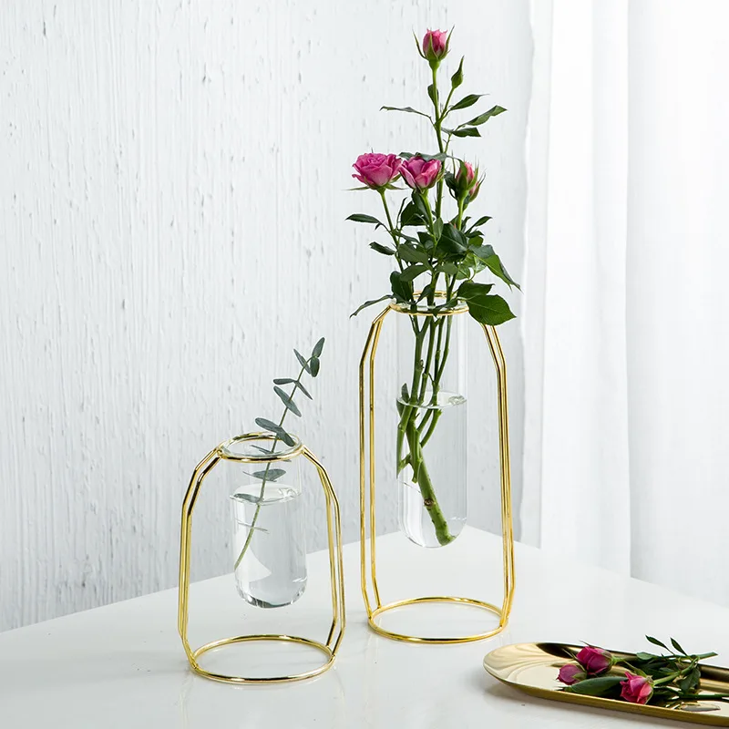 

Golden Nordic Simplicity Iron Line Glass Transparent Vase Simple Hydroponic Flower Arrangement Vases Decor Home Living room