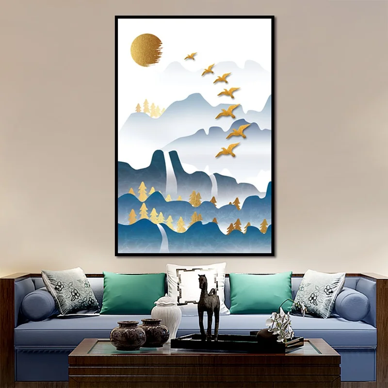 Голубые горы золотое солнце пейзаж настенная живопись на холсте картина Nordic