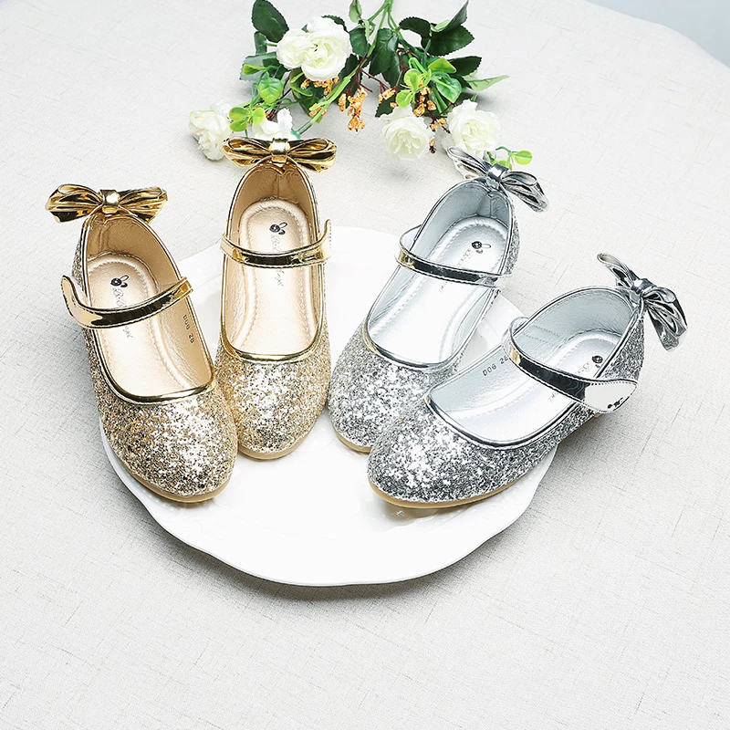 Zapatillas planas con lazo de lentejuelas para ni&ntilde;a, zapatos de princesa de fondo suave, talla 25-35, STX002-3