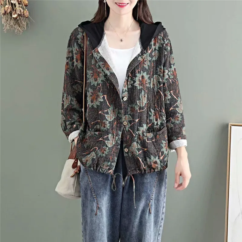

Masss Wasss 2021 Spring New Fashion Womens Hooded Printed Jackets Ladies Vintage Linen Coats Female Casual Clothing Plus Size