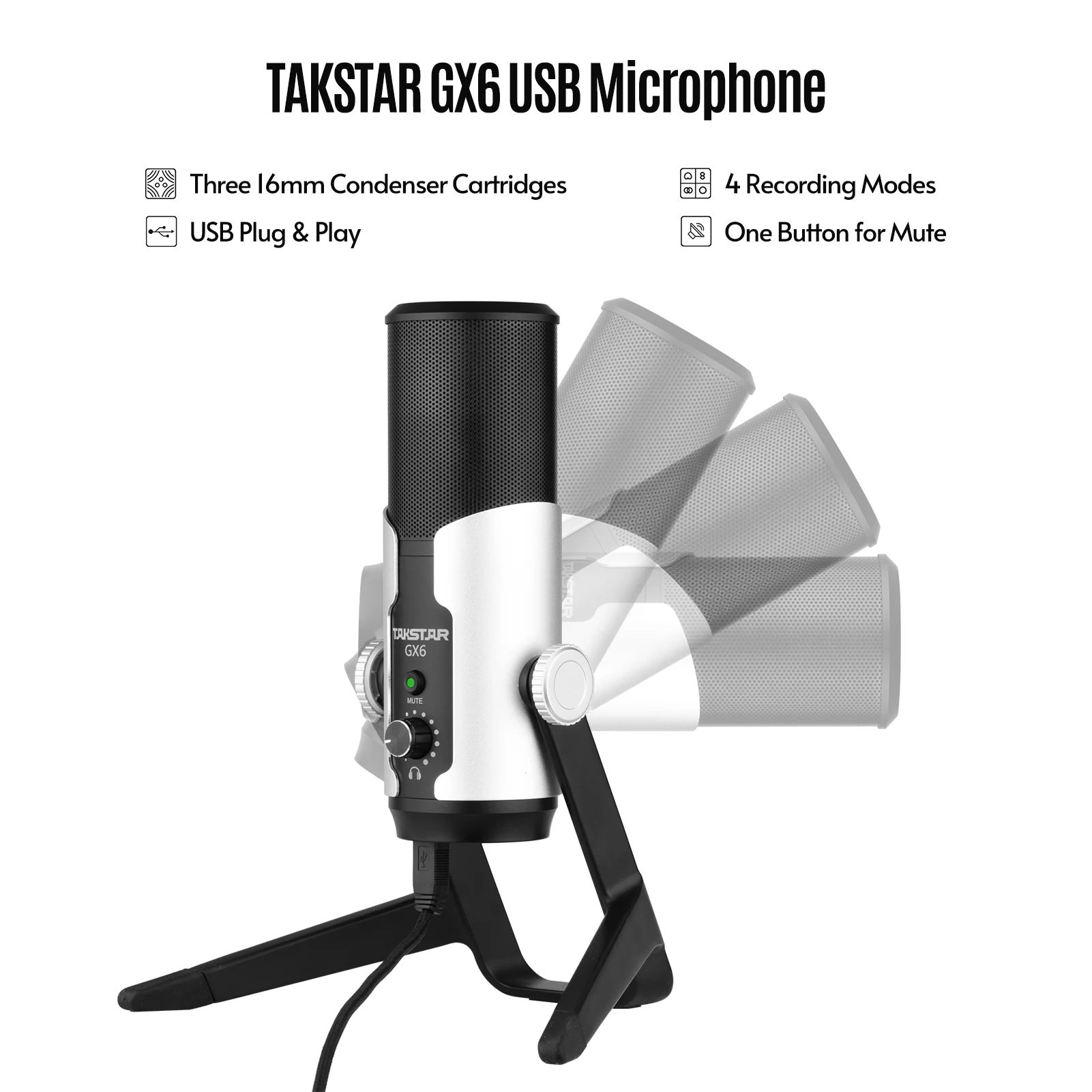 

TAKSTAR GX6 USB Microphone Desktop Stereo Digital Condenser Mic with Shock Mount for Broadcasting Gaming Video Recording
