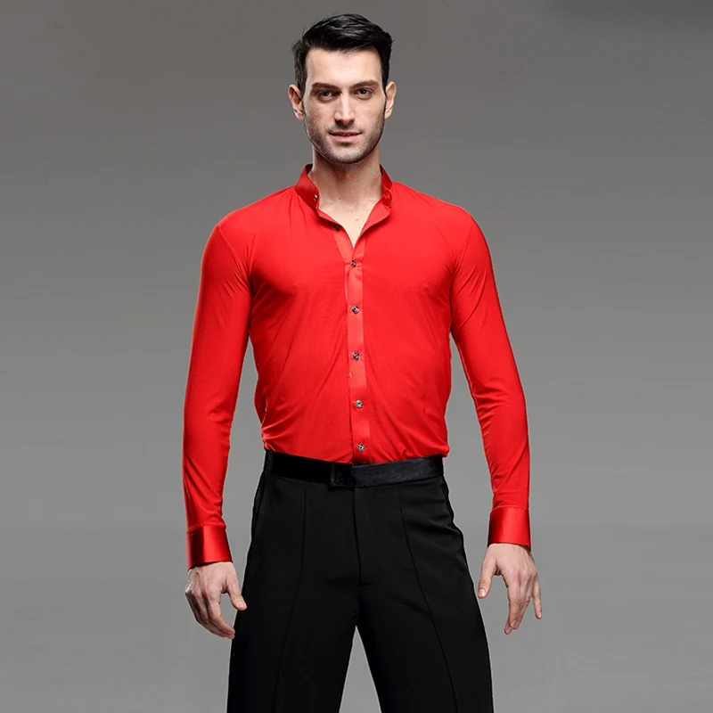 Red Stand collar Новинка, Fantasia, топы для латинских танцев, мужские топы для йоги, бальных танцев, сальсы, Танго, самбы, Одежда для танцев, стандартные топы, Мужская Профессиональная Одежда для танцев - Цвет: Red Stand collar