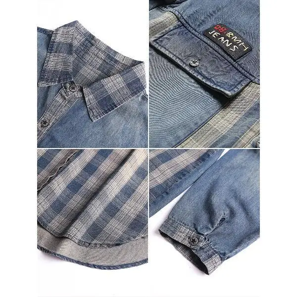 

Korean Style Denim Spliced Plaid Blouse Women 's Long Sleeve Loose 2021 Spring And Autumn Outdoor All -Matching Shirt Thin Coat
